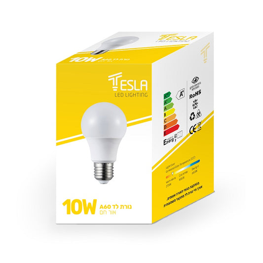 נורת לד בתיבה צהובה, רקע לבן.

הטקסט: 
TESLA LED LIGHTING
10W
נורת לד A60 אור חם